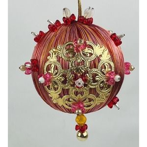 Vtg Handmade Pushpin Ball Christmas Ornament‎ Pink Multi Satin Beaded Gold Red